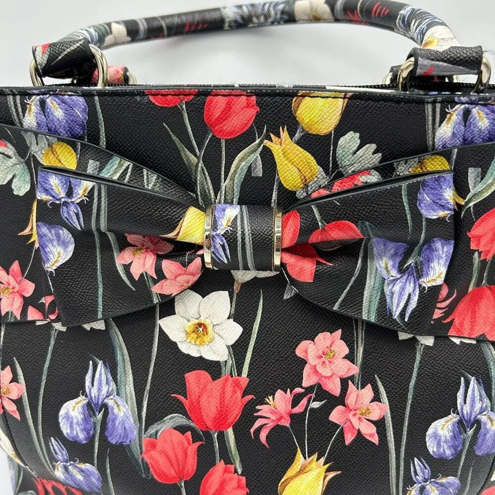 APT 9 Floral Print Handbag Tote With Bow Detail & Multiple Pockets